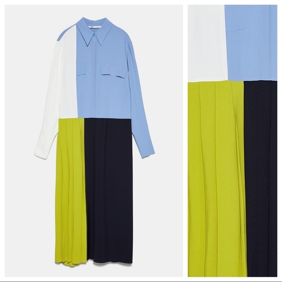 NWOT. Zara Pleated Patchwork Midi Dress. Size XS. - Picture 4 of 15